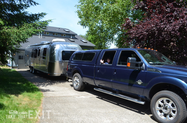 Leaving house, towing our Airstream, our new home for a year long adventure.
