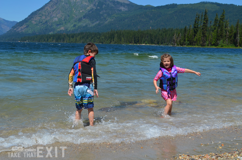 Playing in Lake Wenatchee state park on a sunny day